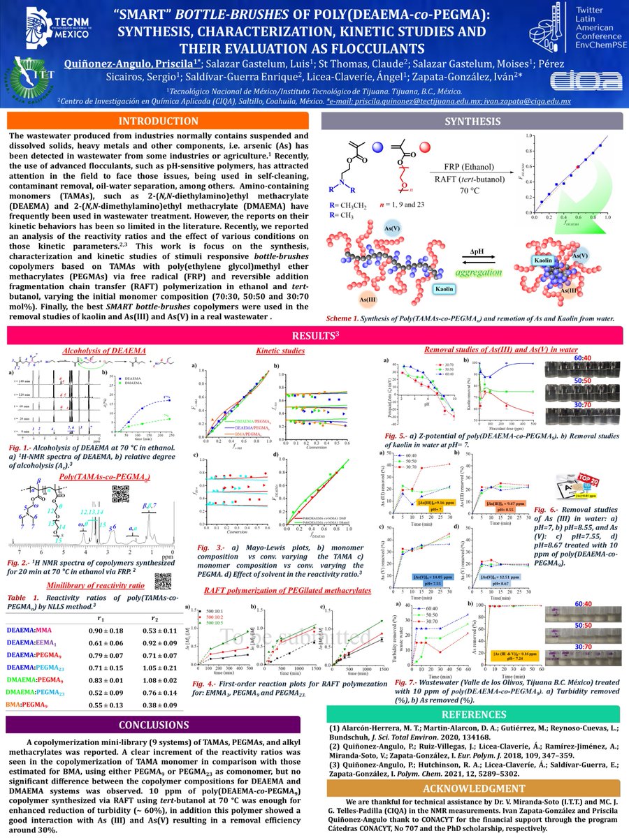 Pris_quinonez's tweet image. Hi, my poster is “SMART” BOTTLE-BRUSHES OF POLY(DEAEMA-co-PEGMA):  SYNTHESIS, CHARACTERIZATION, KINETIC STUDIES AND THEIR EVALUATION AS FLOCCULANTS, @LatEnvChemPSE #PSEMatEngAppl #polymerscience #smartpolymers 
Feel free to drop your comments/suggestions/questions.