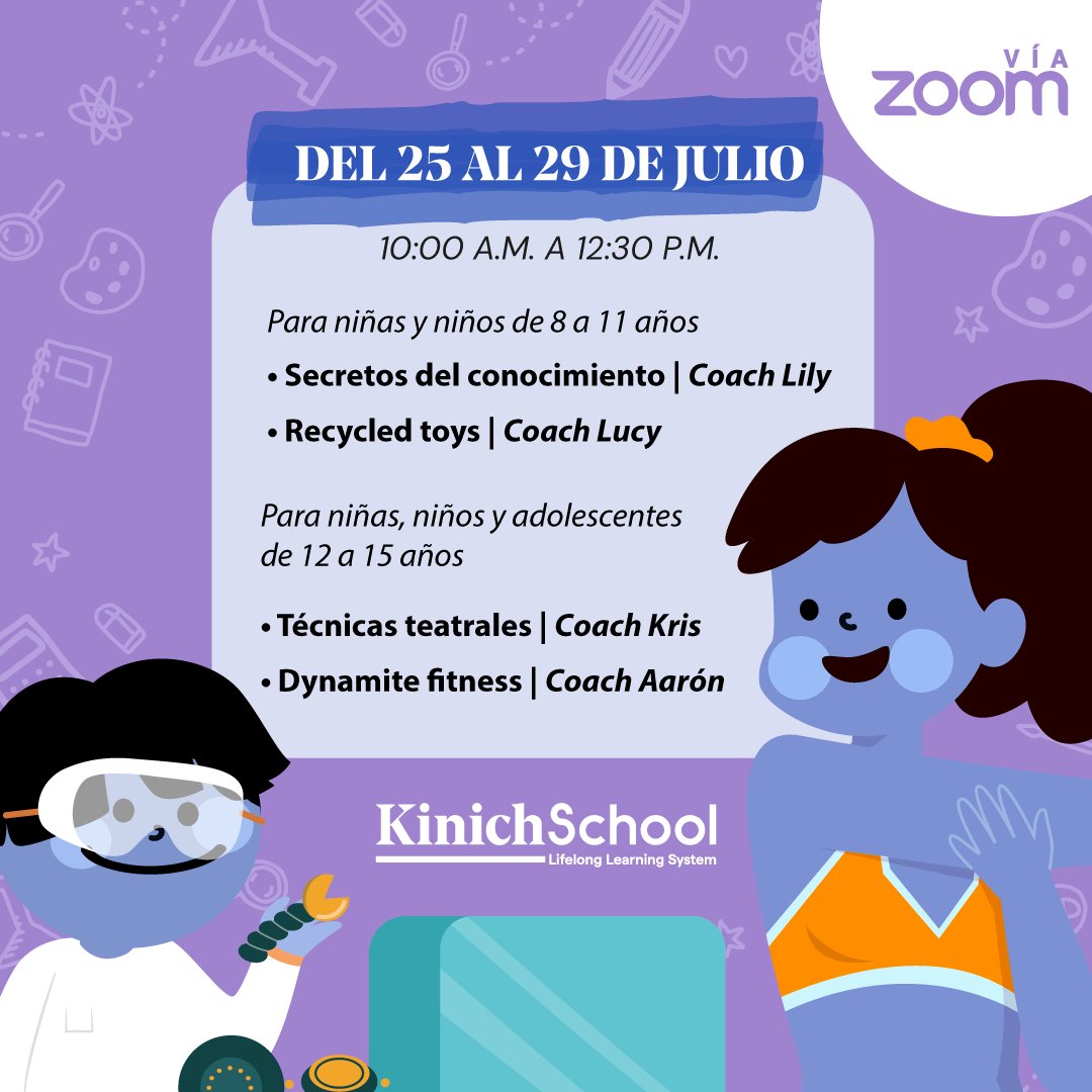KinichSchool's tweet photo. Que tus hijas e hijos no se pierdan la primera semana de #cursosrecreativos de Kinich School. ¡Iniciamos el próximo lunes 25 con actividades súper divertidas! #reciclaje #secretosdelconocimiento #teatro #fitness 

📲Regístrate en: https://t.co/d5tx3cE6i7 https://t.co/9tMDO0LqSO