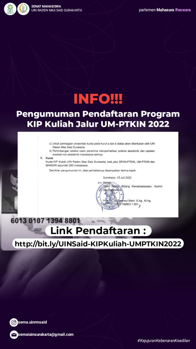 Kawan Sura!
Info Untuk mahasiswa baru jalur umptkin.
Link pengumuman pendaftaran dan persyaratan: uinsaid.ac.id/id/pengumuman-…
Link Pendaftaran: bit.ly/UINSaid-KIPKul…

Sumonggo bisa di sharkan