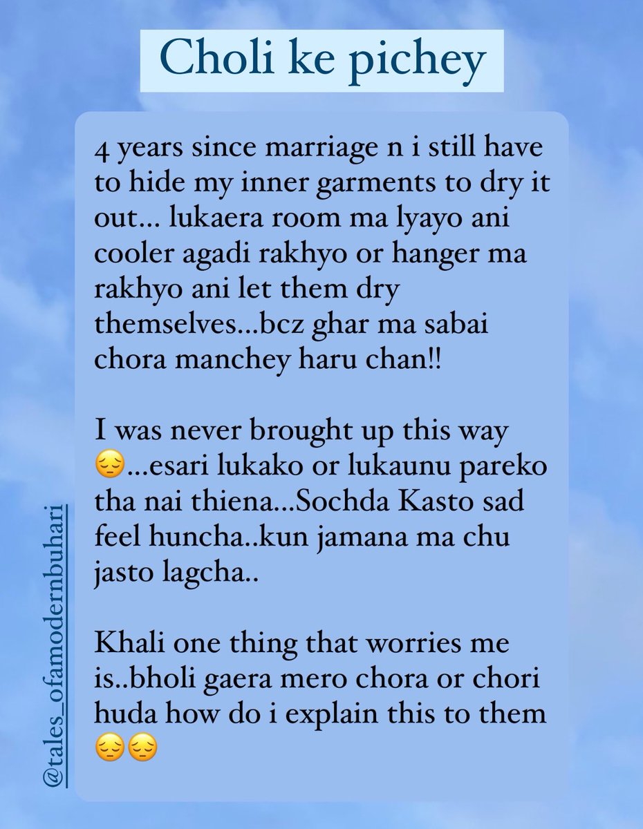 Have you ever felt embarrassed to dry your under garments outside? #underwear #penti #bra #modernbuhari #shame #newlywed #nepalibride #nepaligroom #nepaliwedding #nepal #nepalibridesmaid #parenting #travelnepal #nepaldiaries #nepali #modernbuhari