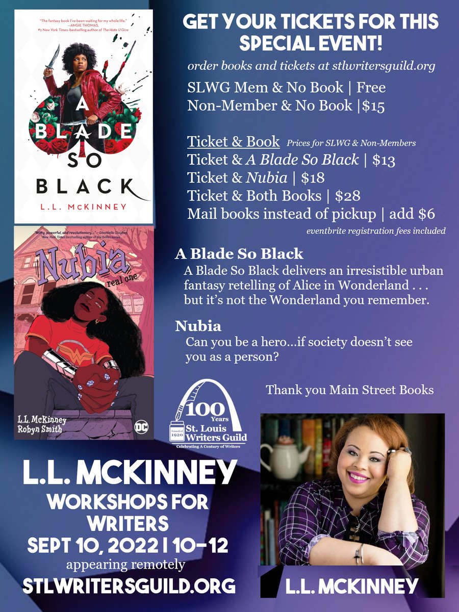 bradrcook's tweet photo. St. Louis Writers Guild is having a Special Workshops for Writers Event in September with author L.L. McKinney!
Get her books too, thanks to Main Street Books!
https://t.co/R6jT98gcvW
#books #LLMcKinney #workshop #writers #readers #SLWG #SpecialEvent #YA #MainStreetBooks https://t.co/dkJtkrJTgZ
