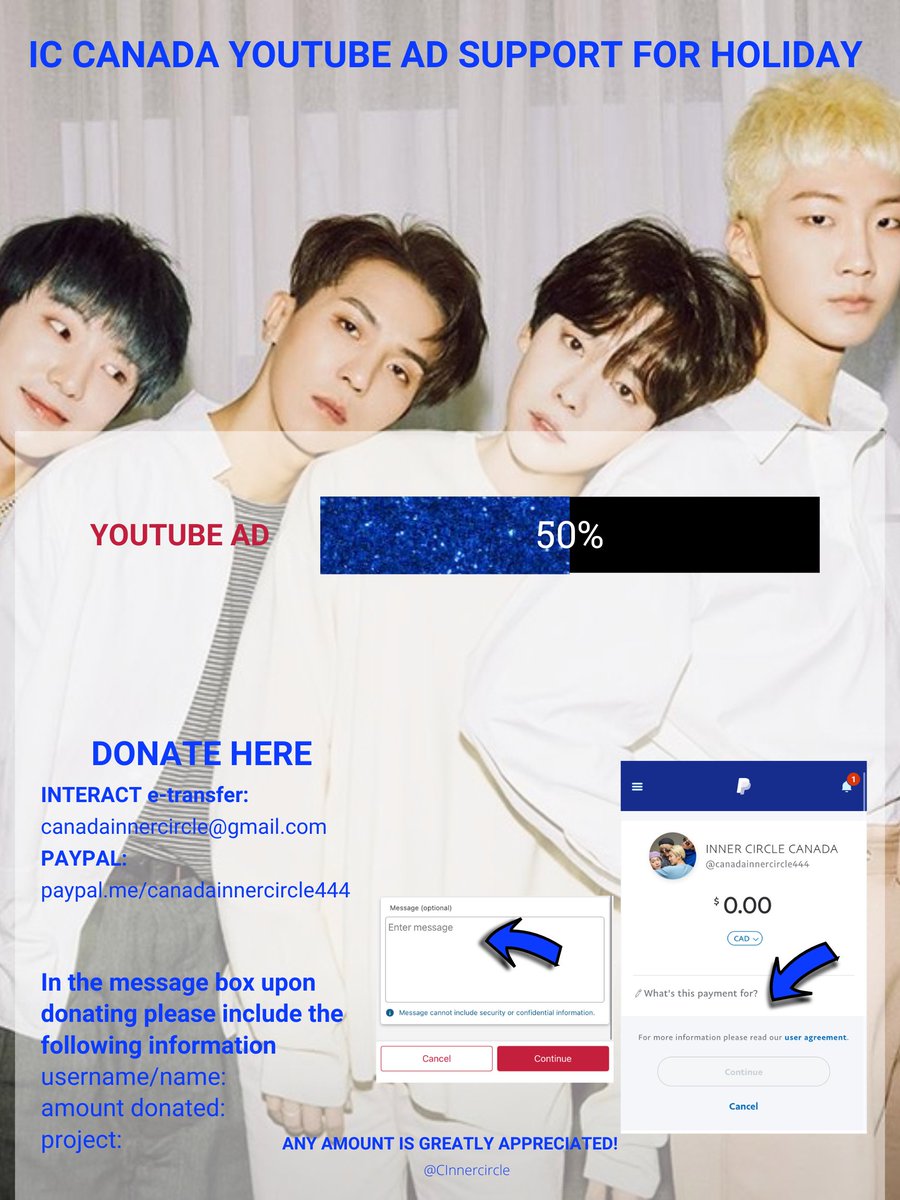 CInnercircle's tweet image. 🌡️ IC CANADA YOUTUBE FUNDRAISING SUPPORT 

We are half way there!

Donate here:
Open to GICs 🌐
e-transfer: canadainnercircle@gmail.com
PayPal: canadainnercircle444

END: JULY 20 7PM EDT

Any amount is needed and greatly appreciated! 💙
#WINNER #위너 @yginnercircle @yg_winnercity