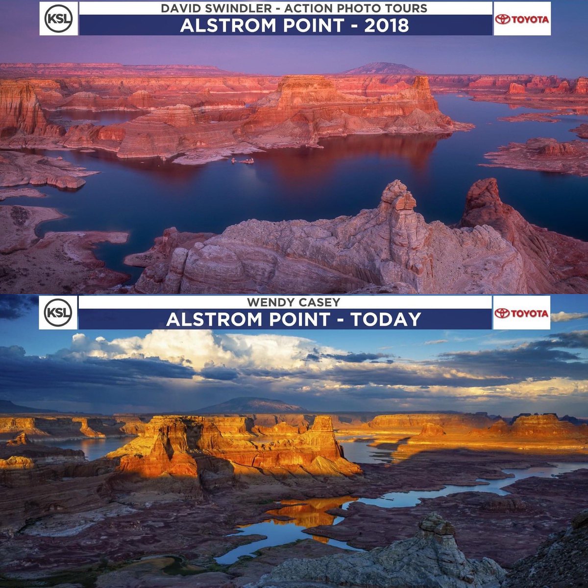 NWFoutdoors's tweet photo. These photos from #AlstromPoint show #LakePowell's water level, which dropped 68โ between 2018 & today. The consequences of #climatechange are more evident every day & are undoubtedly having an impact on #hunting & #fishing. ๐ฃ #AnglersForClimateAction ๐๐ป https://t.co/vChMds1R78 https://t.co/4DmqpbC8in