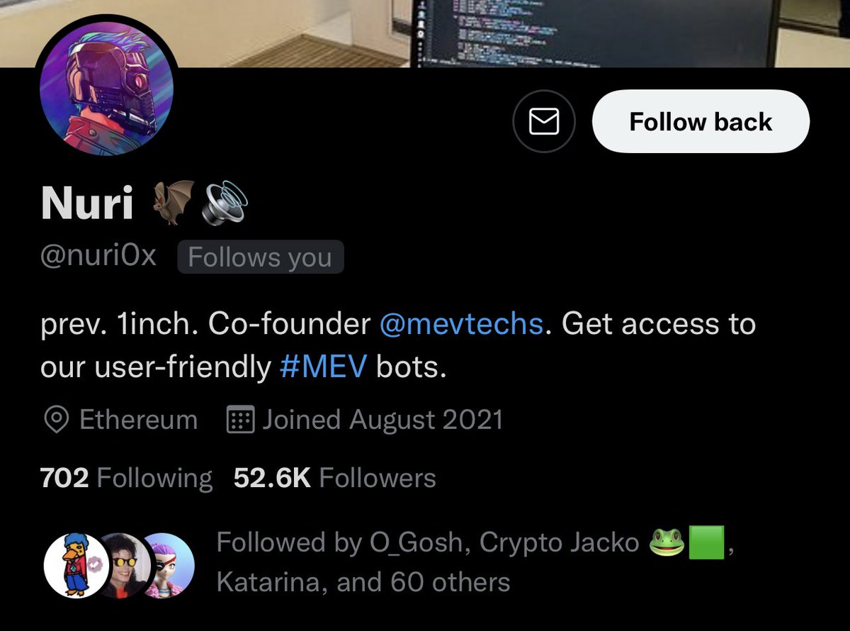 Community Alert: @nuri0x is a scammer larping to sell MEV arbitrage bots  @mevtechs. First they have you send 1 ETH as payment for the bot. Then it  drains your crypto once you
