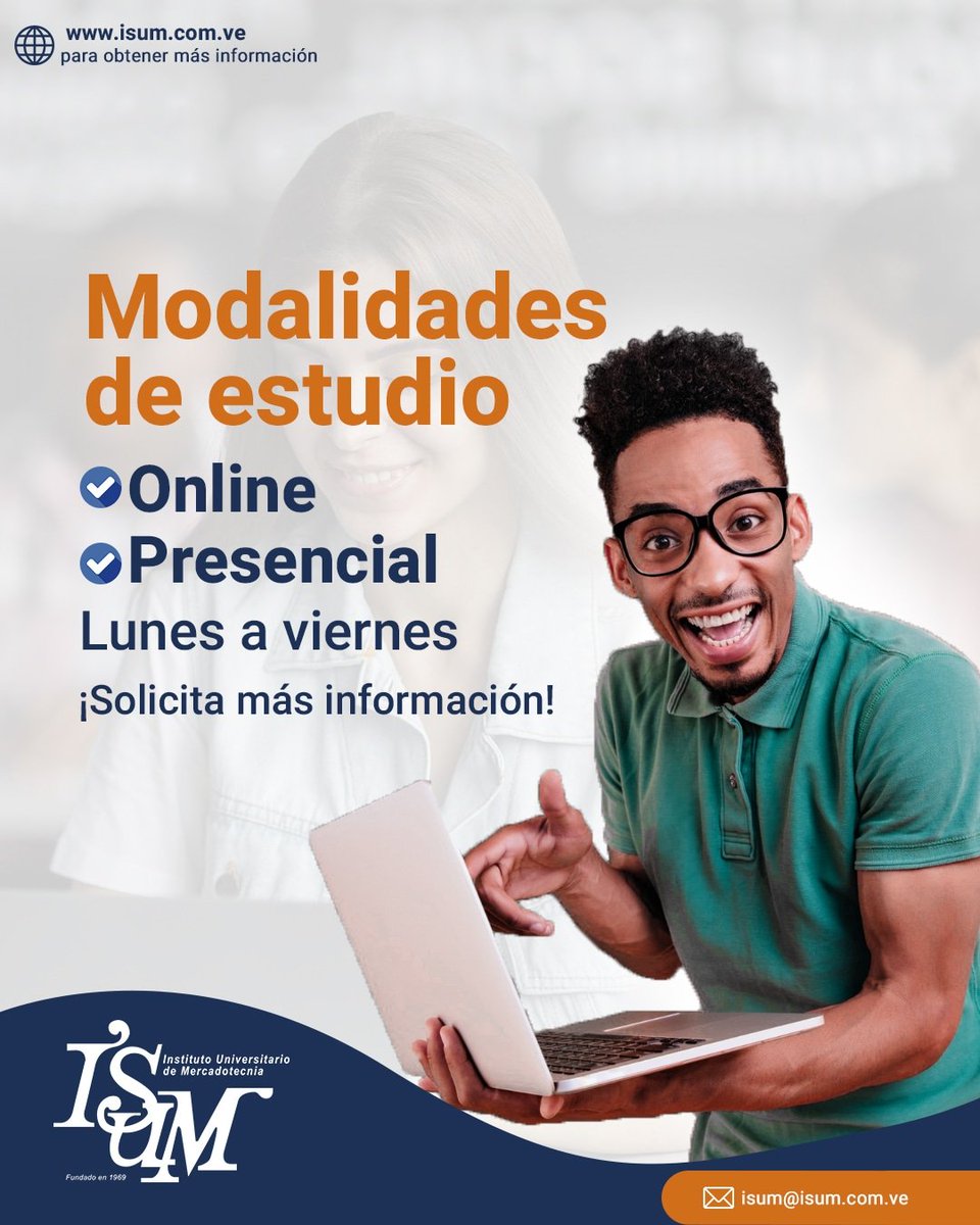 isum_com_ve's tweet photo. Nuestras modalidades de estudio:
▶️ Online: lunes a viernes de 5:30 a 9:40 pm
▶️ Presencial: lunes a viernes 8:30 am a 12:30 pm

#isum #online #presencial #marketing #mercadeo #publicidad #recursoshumanos #contaduria #informatica #isumccs https://t.co/Rw1VTR22R1
