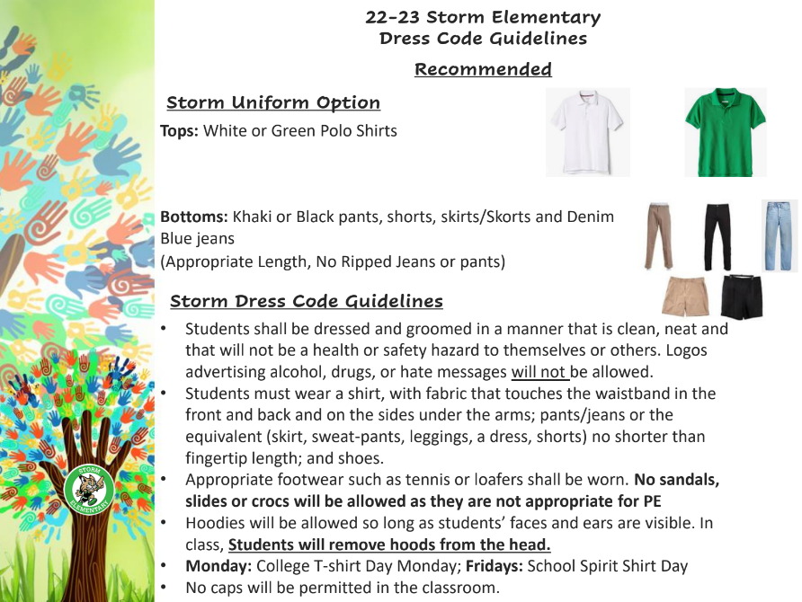 Bobcat Families,
We hope you are having a restful and fun summer! Please see our dresscode updates for the 22-23 school year. We miss you bunches!