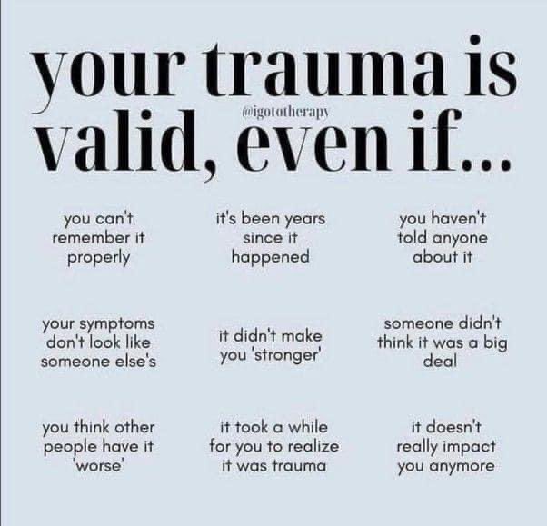 ColorMyWords's tweet photo. I invalidated my trauma for over three decades. Don’t let anyone, including yourself, invalidate what you lived! 

#Trauma #PTSD #abused #abuse #sexualabuse #childhoodabuse #MentalHealthMatters #mentalhealth #MentalHealthAwareness https://t.co/ELl8mE3JDB