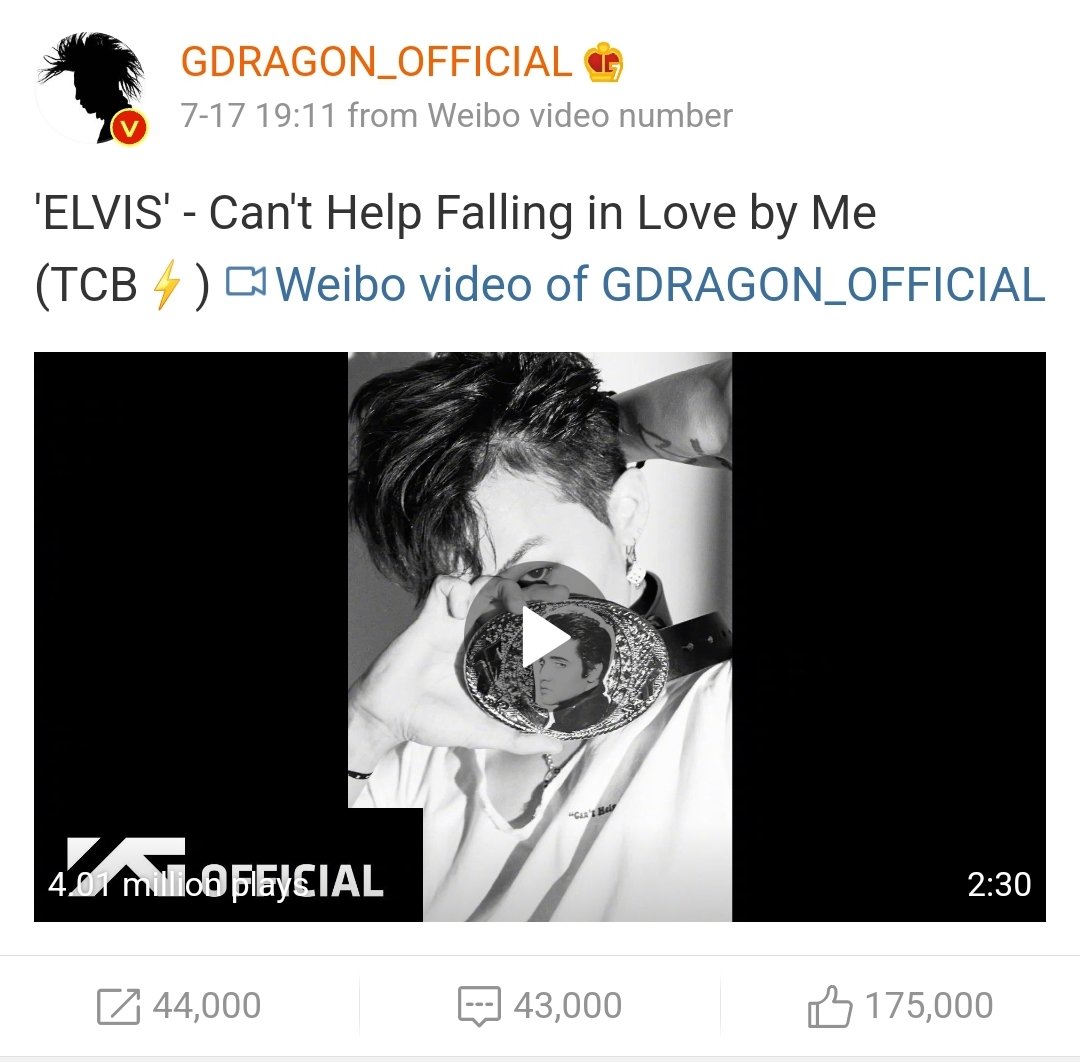 Can't Help Falling in Love by G-Dragon, reach 4 MILLION views in weibo. #GDRAGON #GD_CantHelpFallingInLove