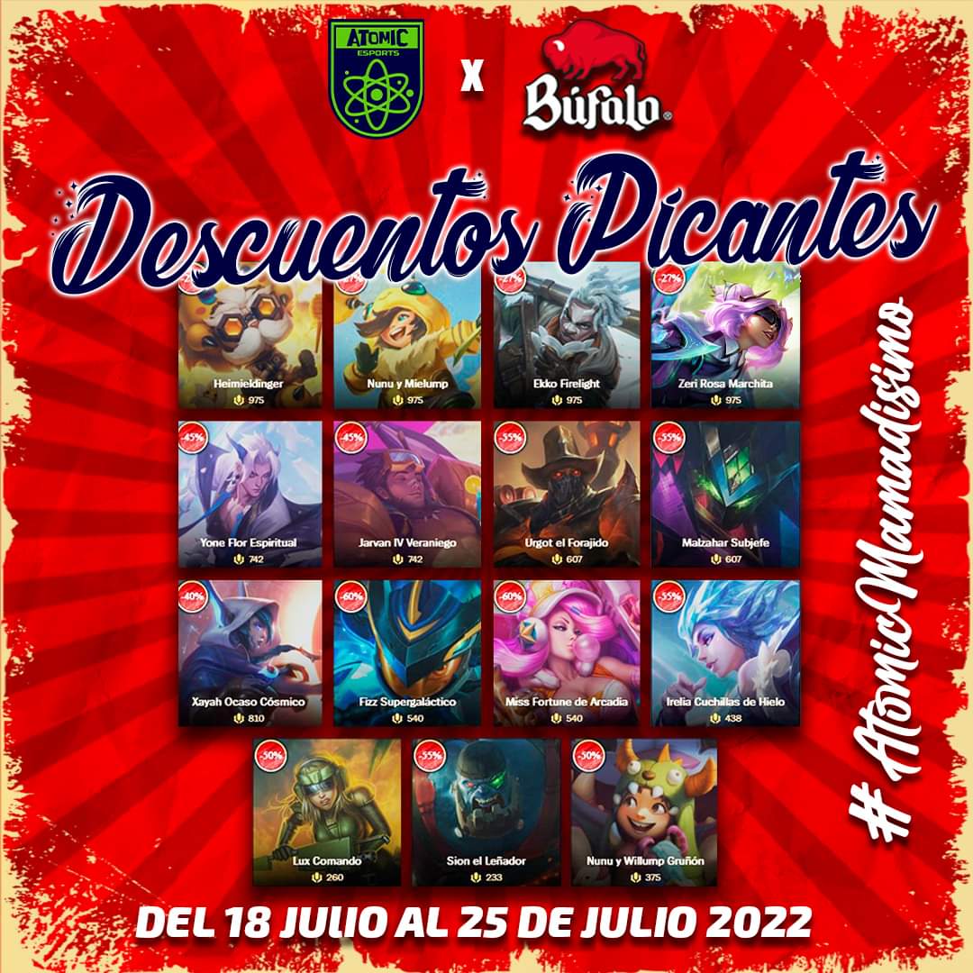 Llegan los descuentos picantes 🔥🔥

Nos traen varias Skin hermosas como las abejorros🐝🐝

@salsabufalo @lvpmex
#ALaBúfalo #DDHLOL #AtomicMamadisimo #TiendaLoL