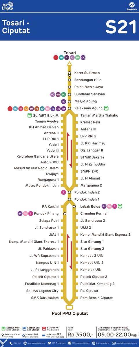 PT_Transjakarta's tweet photo. Selamat pagi, Sahabat TiJe!
Sudah tahukan kalau mulai hari ini, layanan Transjakarta rute 1R, 6M, 9E, dan S21 yang sebelumnya beroperasi pukul 05:00 - 10:00 dan 15:00 - 22:00 menjadi beroperasi penuh,  pukul 05:00 - 22:00 pada hari kerja (Senin - Jumat).

Ayo naik Transjakarta! https://t.co/FBLH0S0Rri