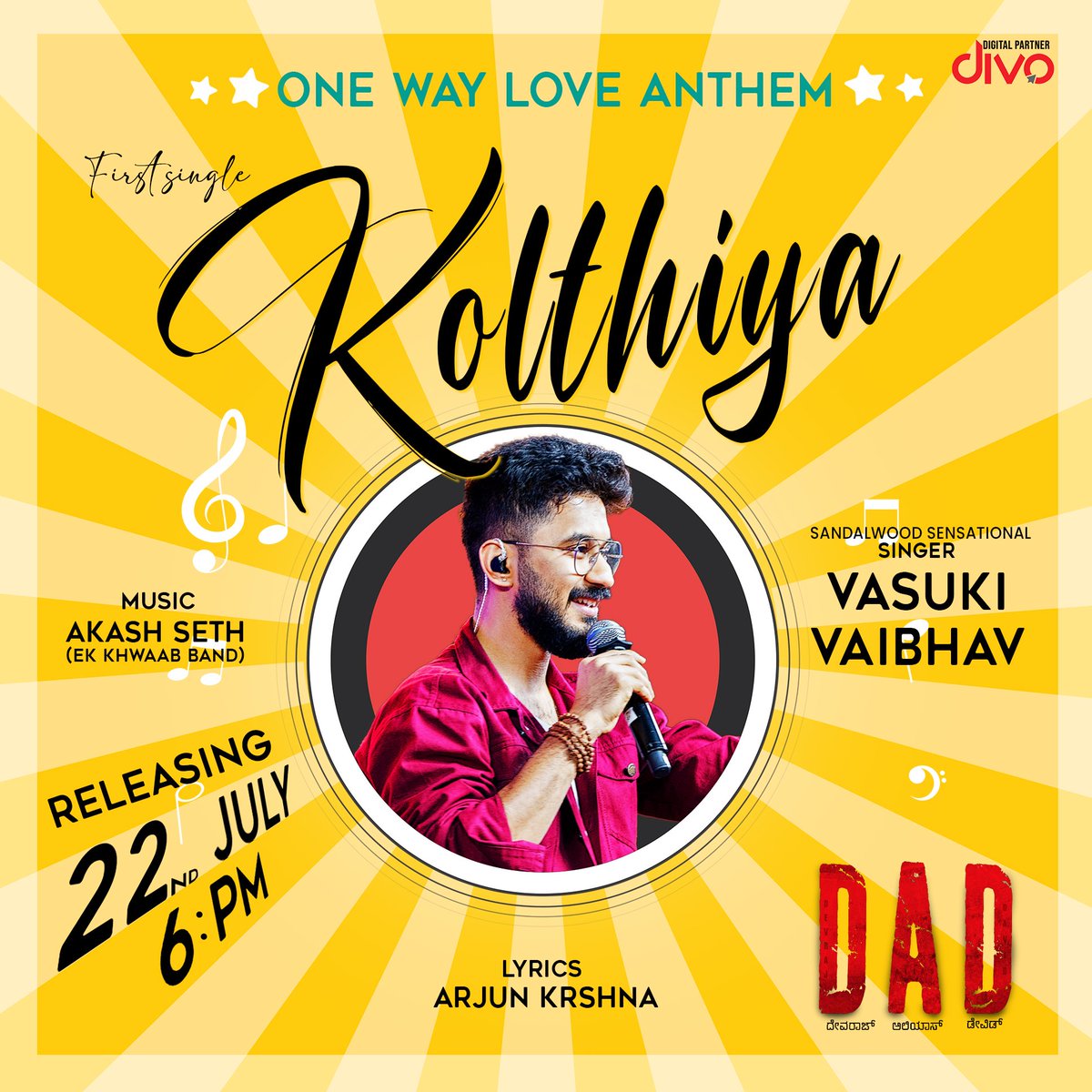 divomovies's tweet photo. One Way Love Anthem ✨
The First single #Kolthiya from #DAD will be releasing on July 22nd at 6 PM. Stay excited 😃
Music by #AkashSeth 🎶
Sung by @vasukivaibhav 🎤
#DevarajAliasDavid #Vishal #Mahika #SuchendraPrasad #SaiManju #ArjunKrshna #Divo https://t.co/eBR6RNbHaK