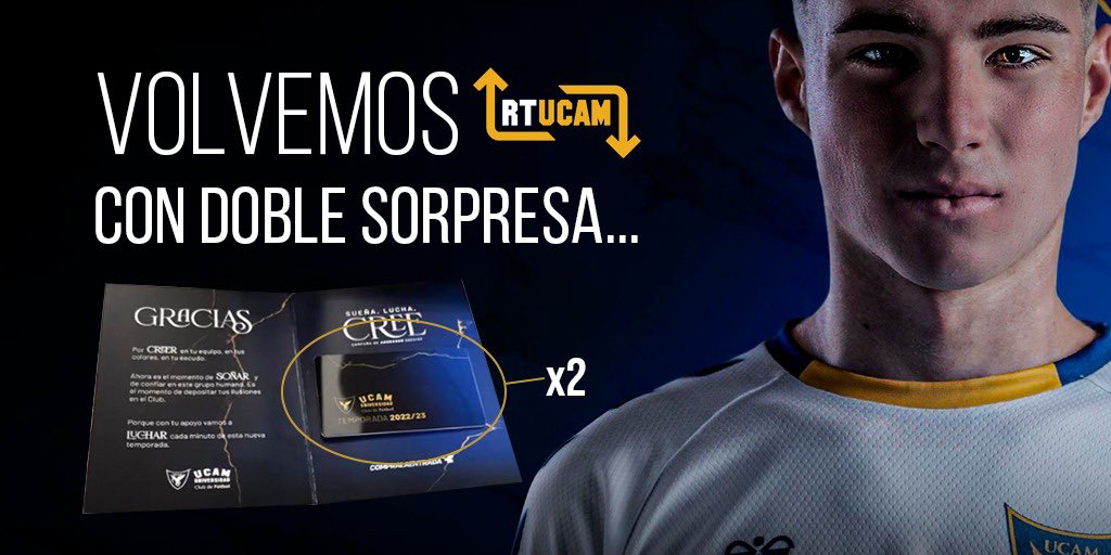 RtUcam's tweet photo. ¡VOLVEMOS!

Rtucam os trae unos 🎁🎁

¿Quieres ser abonado del @UCAMMurciaCF ⚽️?

Te Regalamos 2 abonos en tribuna 🎫 🎫⚽️

Solo debes:

💙like al tweet 
🔁RT
🔝Follow
📣comentar con 1 amigo 

Ganadores 1/8 Suerte🍀 https://t.co/jImMGbDvun