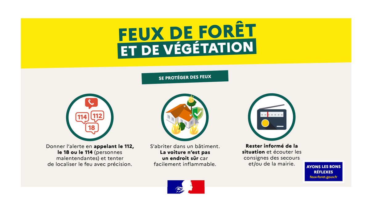⚠ Les #Feuxdeforêt sévissent actuellement dans de nombreux territoires et n'épargnent pas le littoral qui a notamment été touché à La Teste-de-Buch en Gironde. Retrouvez les bons réflexes à adopter pour vous protéger en cas de départ de feu 👇 
#incendies #canicule