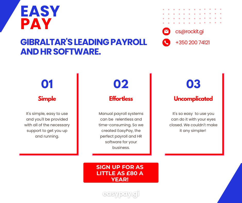 📣 Calling all HR and Payroll managers 📣

You need to try Easy Pay, a leading HR and Payroll software built for your business! 

Sign up for as little as £80 a year
🌐 easypay.gi 
📱+350 200 74121
💻 cs@rockit.gi 

#HR #Payroll #gibraltar #software