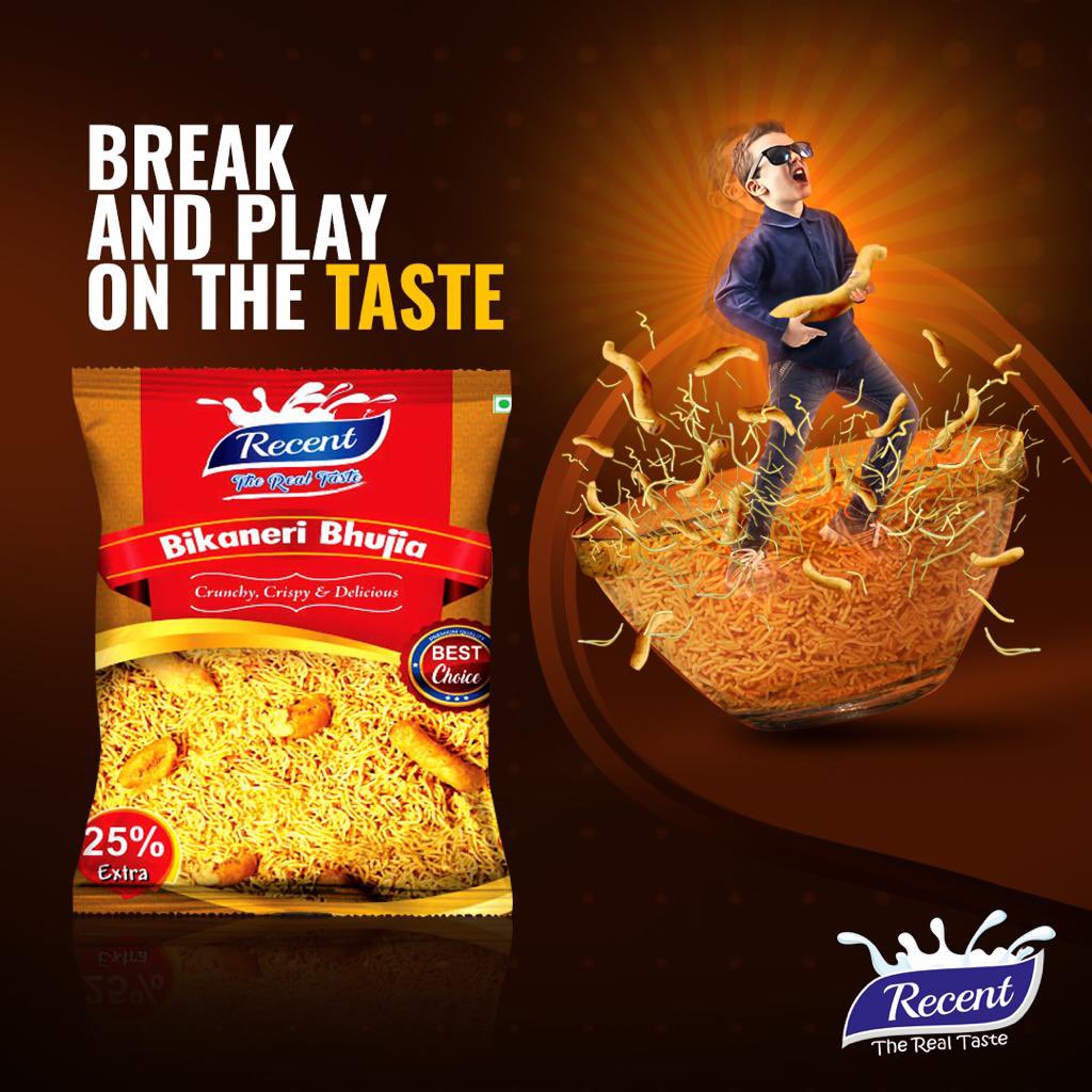 RecentFoods's tweet photo. Savour the best taste,
Break and play on the taste!
#ganpatidairyproductspvtltd #recentfoods #namkeen #bikaneribhujia https://t.co/PSQ5jUoPrh