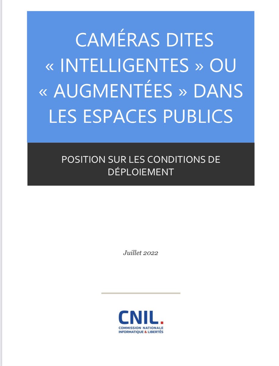 Les #cameras dites augmentées ou intelligentes se développent massivement sur tout le territoire. La <a href="/CNIL/">CNIL</a> publie sa position sur cette techno et le cadre juridique applicable pour encadrer leurs utilisations en protégeant les droits et libertés de chacun cnil.fr/fr/deploiement…