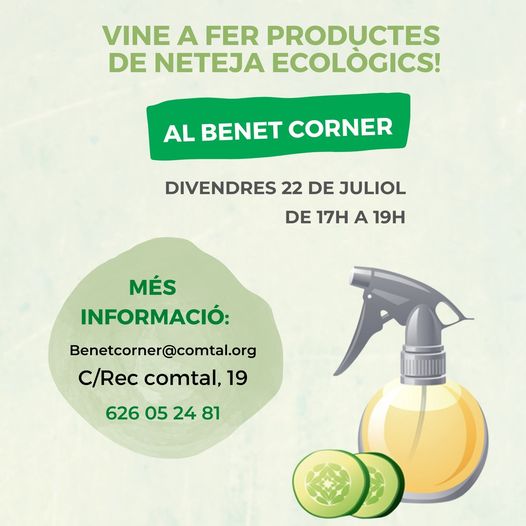 FundacioComtal's tweet photo. ⁉️T'agradaria aprendre a fer productes de neteja amb ingredients naturals i ecològics?
Vine el pròxim 22 de juliol al #taller que organitzem a l'espai comunitari #BenetCorner. T'ensenyarem a fer-ho! https://t.co/4zPsuFQB8B