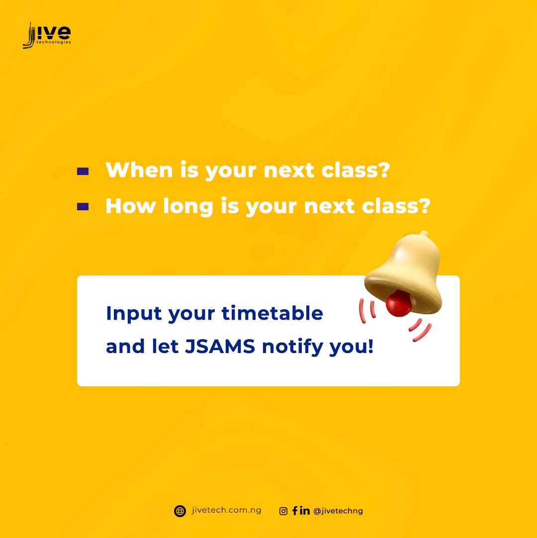 Jivetechnologi2's tweet photo. Organise your different lessons and their corresponding time on JSAMS timetable feature. 

Your teachers never get to miss any class. 

Send us a DM or visit https://t.co/O6YwzLzIba to JSAM for your school.

#choosejive #jivetech #educationmatters #edtech #schools https://t.co/RxqGZddQ2m