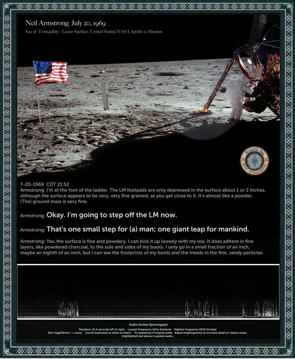 acoustic_sea's tweet photo. On July 20, 1969 Neil Armstrong stepped foot on the moon and said "One Giant Leap For Mankind". Today, July 20th 2022 his voice is preserved forever in our first Edition NFT.  

Mint is open!  Visit our website to mint your copy. Free Museum Prints &amp; Giveaways coming! Let's go!! https://t.co/9MPUbfaEvQ