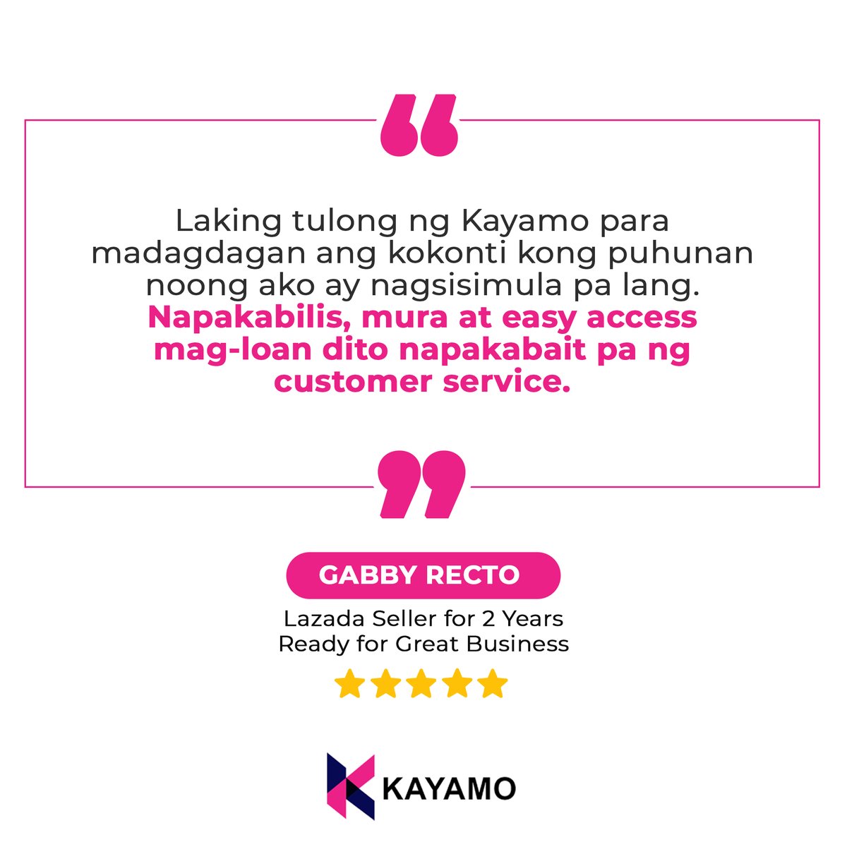 kayamo_ph's tweet photo. Need cash funding for your start-up business? Kayamo na! Highly recommended by over thousands of sellers. Kung kaya ni Gabby, Kayamo rin! #Kayamo #KayamoTestimonial 
—
Available to Shopee and Lazada sellers only with P17,000 minimum monthly sales at https://t.co/EVnemPrrKM. https://t.co/qdzwVIVKm0