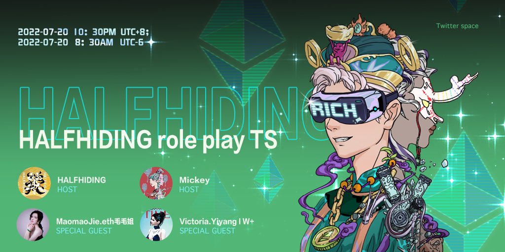 HalfHidingNFT's tweet photo. First show of HALFHIDNG's entertaiment show space🔥

Role playing social game
Release your true face
Playing the role you desire and see what can you do🥳

White list for the best player
July 20th, 10.30 pm

Just join us!❤️‍🔥@MaomaoJieDao @harryleelhl @WwYyyVvvv https://t.co/JG5eW2zdQm