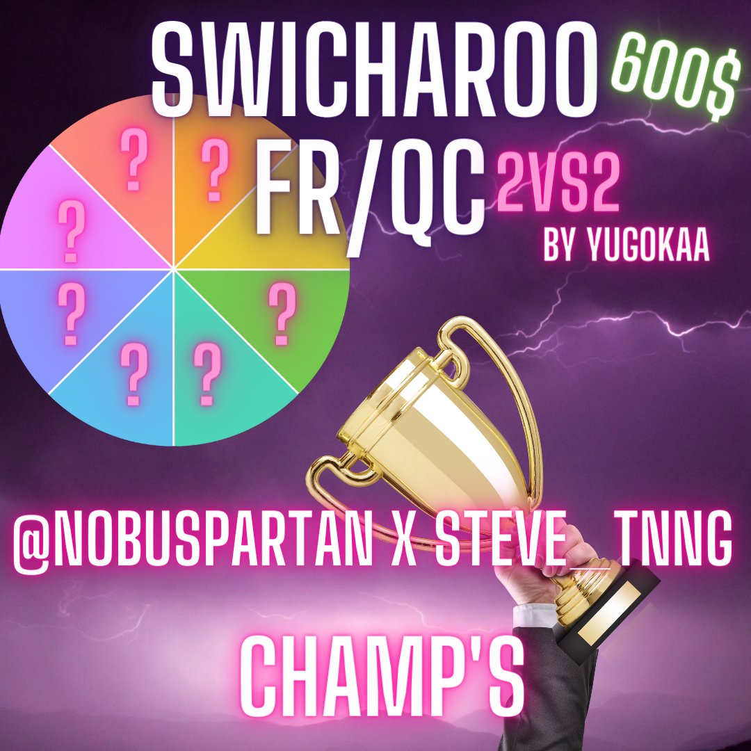 YugoKaa 🏴 (@yugokaa_) on Twitter photo 🏆SWICHAROO FR/QC by YugoKaa🏆
<a href="/NobuSpartan/">Nobu Spartan</a> x <a href="/SteveTnng/">Pleyadd Steve_Tnng</a> 🏆🏅 CHAMPS
<a href="/BlingCjay/">Blingcjay</a> x <a href="/POPSHOWW2/">POPSHOWW</a> 🥈
gg a tous les participants , rdv jeudi 21h!! 🏆SWICHAROO FR/QC by YugoKaa🏆
<a href="/NobuSpartan/">Nobu Spartan</a> x <a href="/SteveTnng/">Pleyadd Steve_Tnng</a> 🏆🏅 CHAMPS
<a href="/BlingCjay/">Blingcjay</a> x <a href="/POPSHOWW2/">POPSHOWW</a> 🥈
gg a tous les participants , rdv jeudi 21h!!