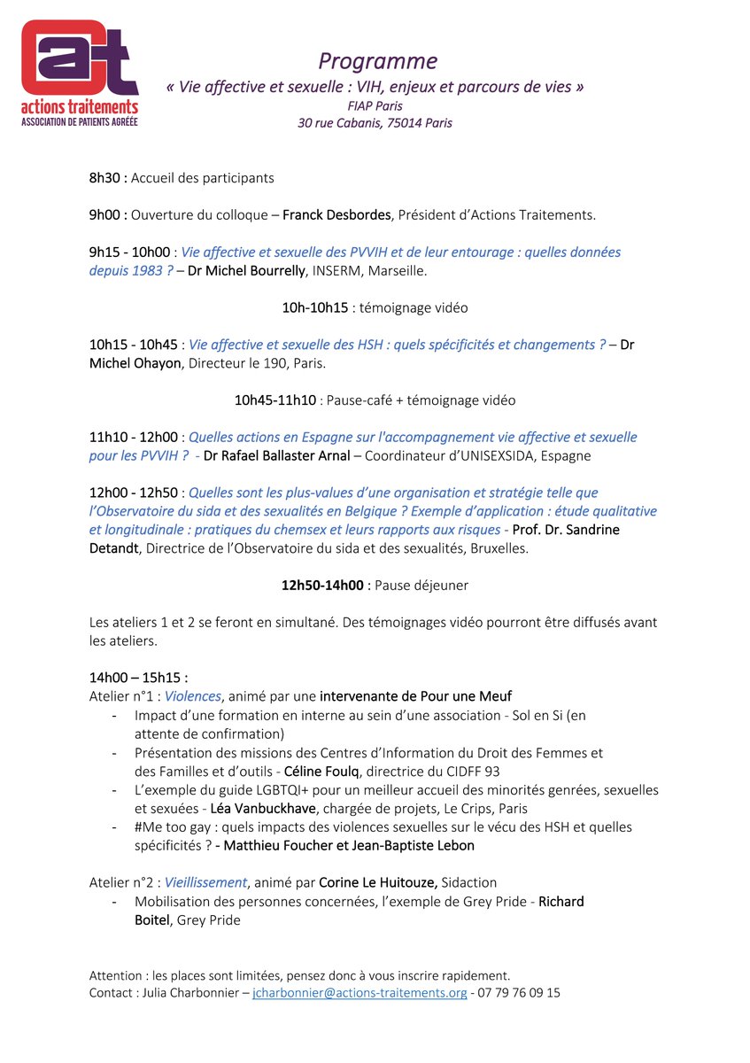 Actions Traitements organise le 13 octobre prochain son colloque annuel ayant pour thème ''VIE AFFECTIVE ET SEXUELLE : VIH, enjeux et parcours de vies'! Pour participer à cet événement, c'est par ici 👇docs.google.com/forms/d/e/1FAI…