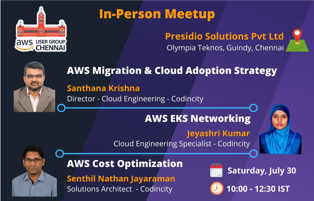 AWS User Group Chennai (@awsugchn) on Twitter photo Join us for our next offline meetup on Saturday, July 30, 2022.
RSVP is now open: bit.ly/3PkaYxS
Time: 10.00 AM to 12.30 PM
Venue: Presidio Solutions Private Limited, Olympia Teknos, Guindy, Chennai
#awsugindia #awsugchn #awscommunity #aws <a href="/awsugindia/">AWS User Group India</a> <a href="/AWSUserGroups/">AWS User Groups</a> Join us for our next offline meetup on Saturday, July 30, 2022.
RSVP is now open: bit.ly/3PkaYxS
Time: 10.00 AM to 12.30 PM
Venue: Presidio Solutions Private Limited, Olympia Teknos, Guindy, Chennai
#awsugindia #awsugchn #awscommunity #aws <a href="/awsugindia/">AWS User Group India</a> <a href="/AWSUserGroups/">AWS User Groups</a>