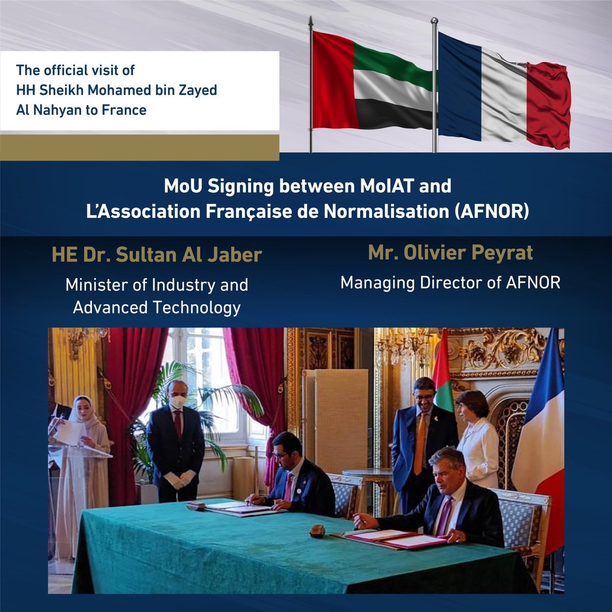 HH Sheikh Abdullah bin Zayed Al Nahyan Minister of Foreign Affairs and International Cooperation witnessed an MoU signing between #MoIAT and the L’Association Française de Normalisation (AFNOR) that aims to strengthen bilateral cooperation in the field of standardization 🇦🇪🇫🇷