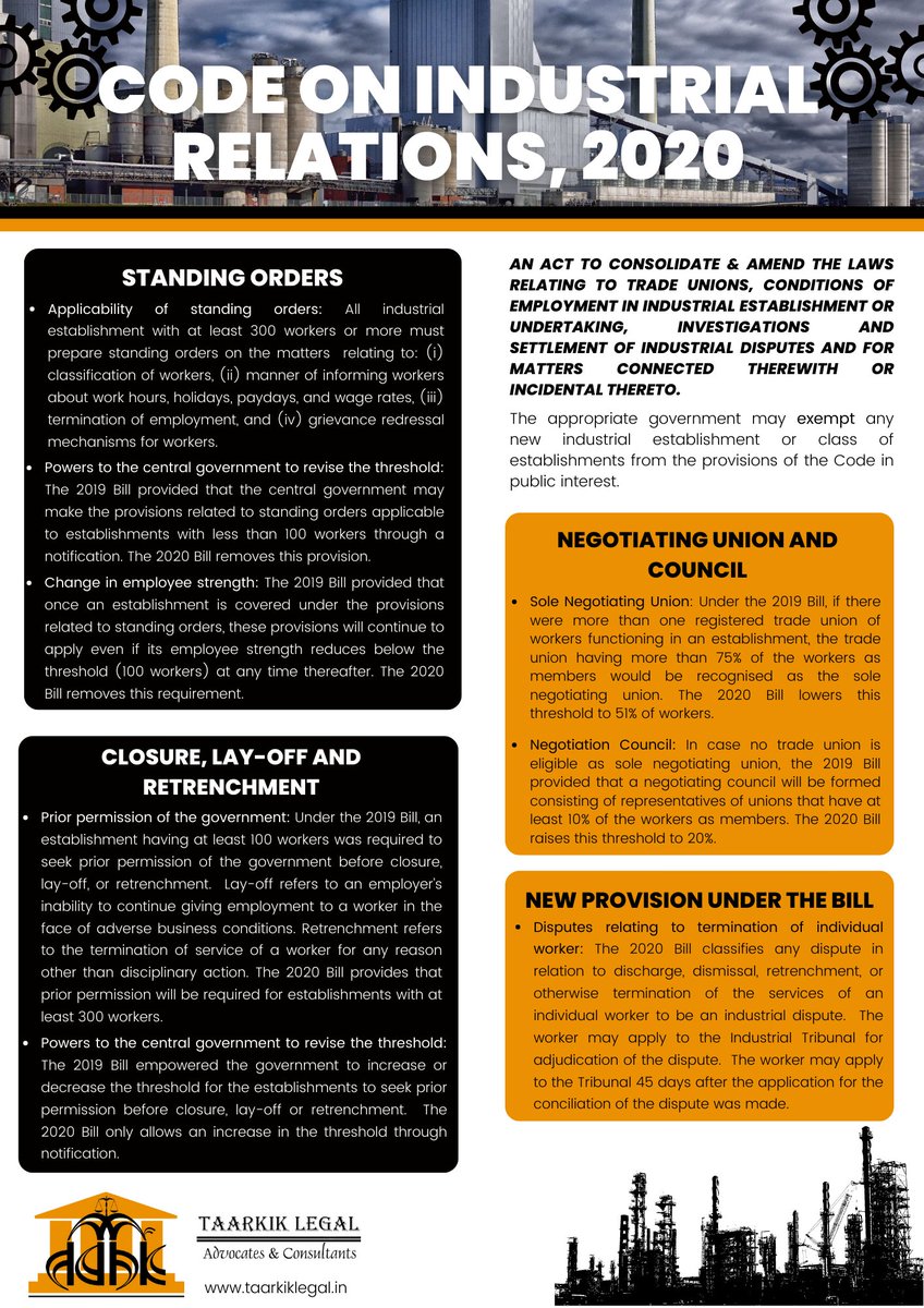 TaarkikLegal's tweet image. New Labour Laws in India: The Industrial Relations Code, 2020

For details, visit: labour.gov.in/sites/default/…

#IndustrialRelationsCode2020 #LabourLaw #Employment #settlement #IndustrialDisputes #negotiations #Layoff #TaarkikLegal #LawFirm #LegalService #Advisory #Consultancy