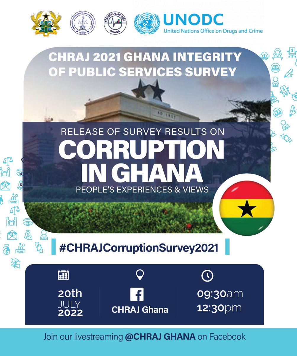 CHRAJGHANA's tweet photo. 2️⃣0️⃣-0️⃣7️⃣-2️⃣0️⃣2️⃣2️⃣
Release of Survey Results On CORRUPTION IN GHANA 🇬🇭, People's Experiences & Views.
We are Livestreaming on Facebook @chrajghana
#CHRAJCorruptionSurvey2021 #CHRAJ #trending #viral #endcorruptionnow #humanrights #adminjustice #trustchrajgh https://t.co/EIC0tSqMly