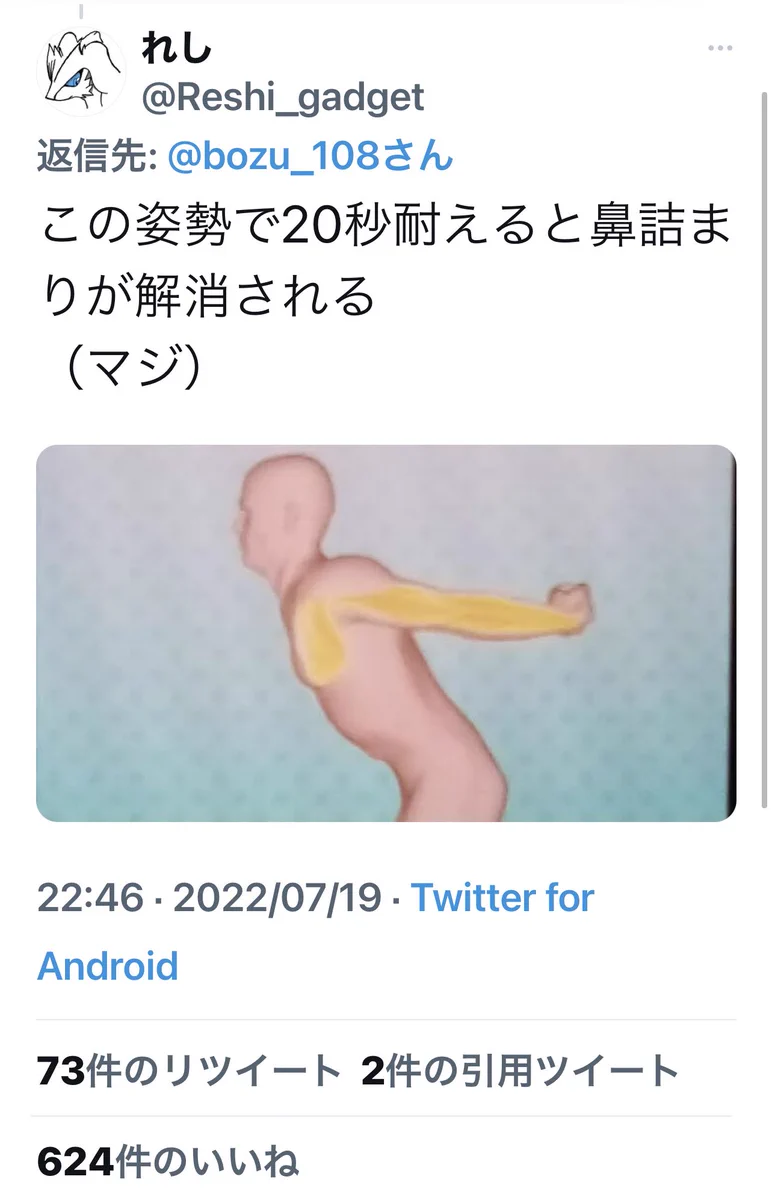 鼻詰まっている人。「この姿勢で20秒」誰か試してみてください。