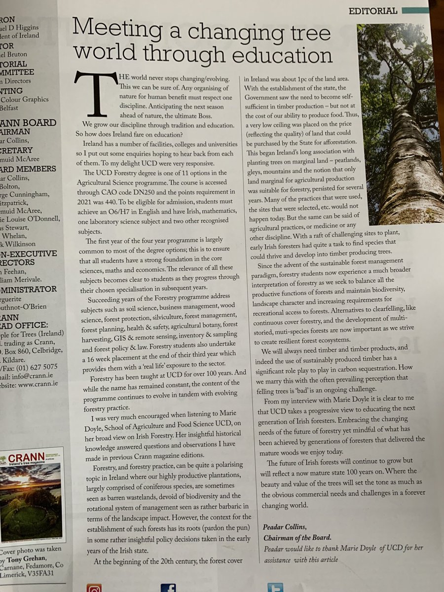Nice piece on Forestry education in Ireland’s Tree Magazine CRANN ⁦<a href="/TreesForIreland/">Crann Ireland</a>⁩ and the #forestry programme in ⁦<a href="/ucdagfood/">UCD School Ag & Food</a>⁩ ⁦<a href="/ucddublin/">University College Dublin</a>⁩. We need more Foresters.