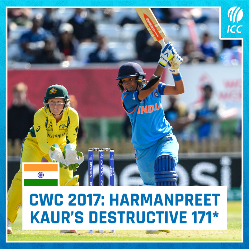 ICC's tweet photo. One of the greatest innings in World Cup history 🙌
On this day in 2017, Harmanpreet Kaur smashed 171* off just 115 balls in the #CWC2017 semi-final 📺