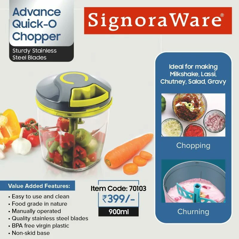 SignoraWare's tweet photo. Make healthy food and delicious beverages with Advance Quick-O Chopper
#signoraware #advancequickochopper #advancechopper #quicko #plasticchopper #churn #handchopper #stringchopper #safe #quickchop #vegetables #fruits #beverages #kitchentools #fastchopper https://t.co/TBurmkbw9e
