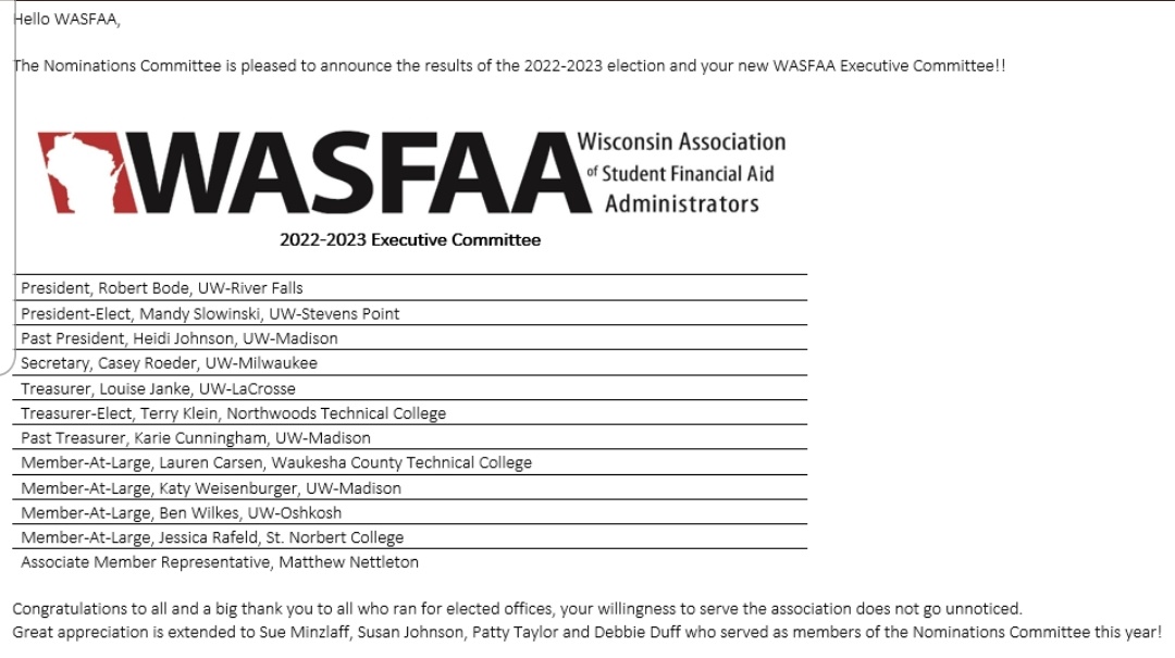 WiscFAA's tweet photo. Hey, WASFAA members! Be sure to reach out to our executive commitee members with any questions or suggestions. We are here to support you! #finaid https://t.co/lqD2dPpmUM