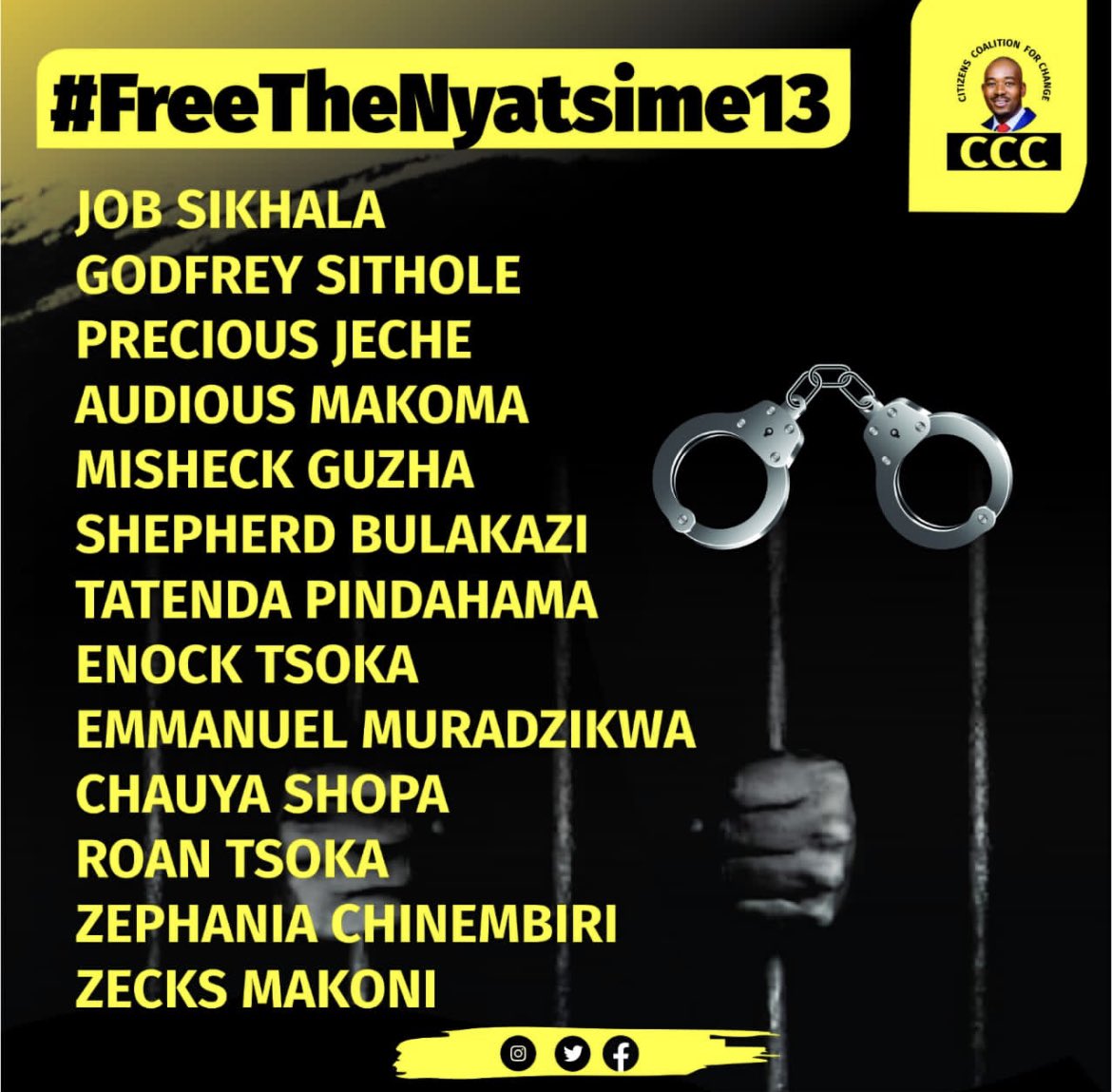 🟡Moreblessing lost her life in a way that should shock the conscience of every Zimbabwean. It was avoidable. That her murder is being used to settle political scores should shock us even more. We demand justice for her &amp; freedom for these innocent men. #FreeTheNyatsime13
