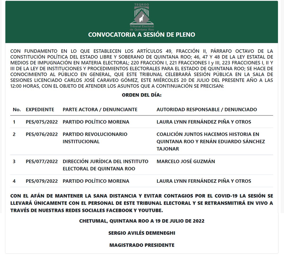 TEQROO_Oficial's tweet image. #AvisoComplementario | El @TEQROO_Oficial atenderá un asunto más en la Sesión de Pleno del 20/07/2022 a las 12:00 horas, la cual podrás visualizar en #vivo a través de nuestro Face Live y Canal de YouTube.  

A continuación, los asuntos a resolver: bit.ly/3v0UZg9