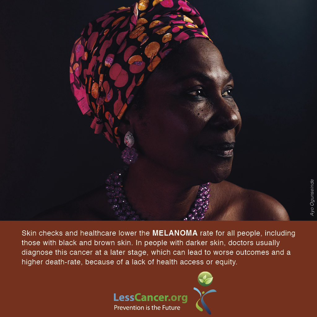 Lesscancer's tweet photo. Though people of color (POC) are less likely to become afflicted with skin cancer, they are much more likely to die from it due to delay in detection or presentation. See links below. #lesscancer
https://t.co/F9VcC4nyMN
https://t.co/kqqr4PvKGC https://t.co/DpXWhnlg6Y