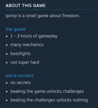 Bigboxman8's tweet photo. Qomp, a game inspired by Pong and published by Atari has the worst Steam page in history. Having no secrets is considered extra content? What are the "many mechanics" of this game? Care to go into detail? Who approved this page? #Qomp #Atari #Funny #Fail https://t.co/MdouCgmGBx