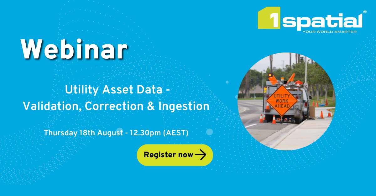1SpatialAus's tweet photo. Next months webinar: Utility Asset Data - Validation, Correction & Ingestion
Date: Thursday 18th August
Time: 12.30pm (AEST)
Find out more and register now: https://t.co/sjrBJ8GsbW
#webinar #data #utilityindustry #1spatial #1Integrate #1Datagrateway #GDVHub @JemenaLtd #jemena https://t.co/U8eS9HDzqe