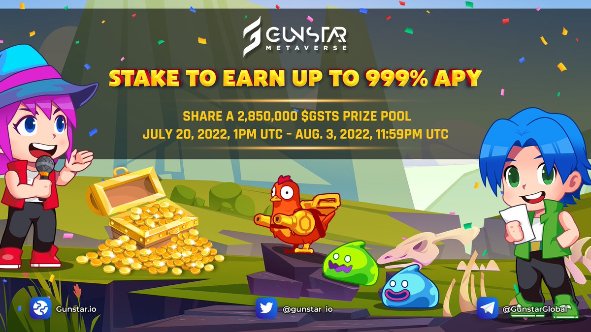 Stake To Earn $GSTS On <a href="/Bybit_Official/">Bybit</a>
 
🔥 You now have the chance to earn up to 999% APY - 2,850,000 GSTS Prize Pool
 
📅 Timeline: July 20, 1PM UTC – Aug 3, 2022, 11:59PM UTC
 
👉 Learn more: go.bybit.com/e/SxNDxX0QMrb
 
#Gunstar #Metaverse #Gamefi #FreeToPlay #Play #Fun #Earn