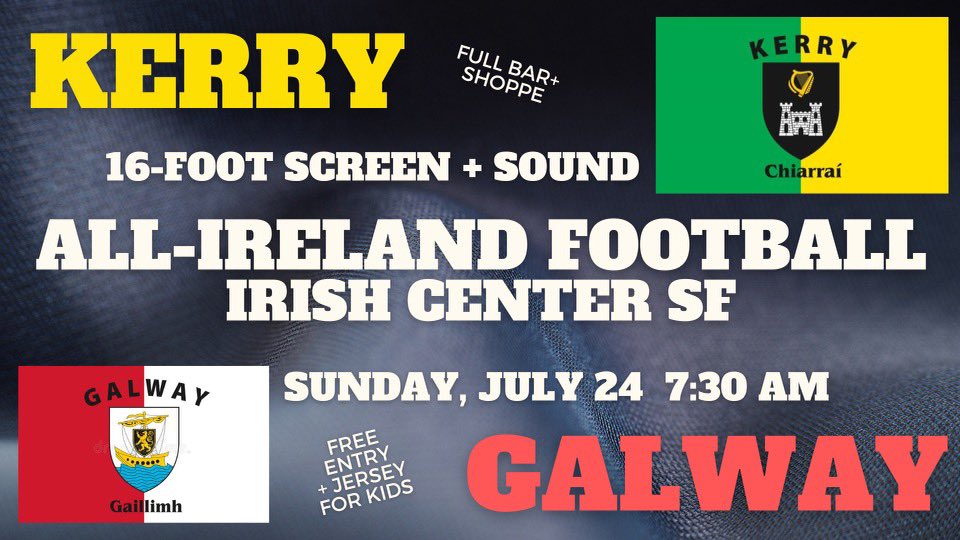 Don’t forget our friends <a href="/IrishCenterSF/">United Irish Cultural Center of San Francisco</a> will be showing the All Ireland Football Final this Sunday!
<a href="/SanFranYouthGAA/">San Fran Youth GAA</a> <a href="/IrelandinSF/">Consulate General of Ireland, San Francisco</a> <a href="/iipcsf/">IIPC</a> <a href="/INBayArea/">IrishNetwork BayArea</a> <a href="/SFBALEES/">SF Bay Area Law Enforcement Emerald Society</a> <a href="/SFCORKSISCTY/">SFCORK</a> <a href="/SFFogCityHarps/">SF Fog City Harps</a> <a href="/Ulster_GaelicSF/">Ulster Club San Fran</a> <a href="/StJoesHurling/">St. Josephs Hurling</a> @