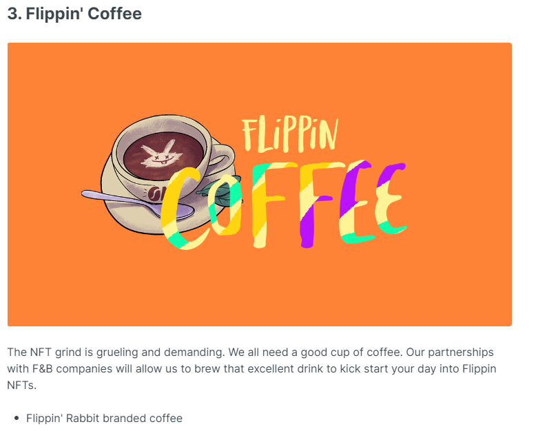 FlippinRabbits's tweet photo. Flippin' Rabbits goal is to change nfts for the better 🐰

No staking and no token 🥕

FREE SPINS for holders and a dashboard on its way 🍀

Not to mention Rabbots ( our in house bots ) 🤖

Lastly Flippin' Coffee and Flippin Merch 👀

#JustFlipIt https://t.co/2Z18Tb8gAj