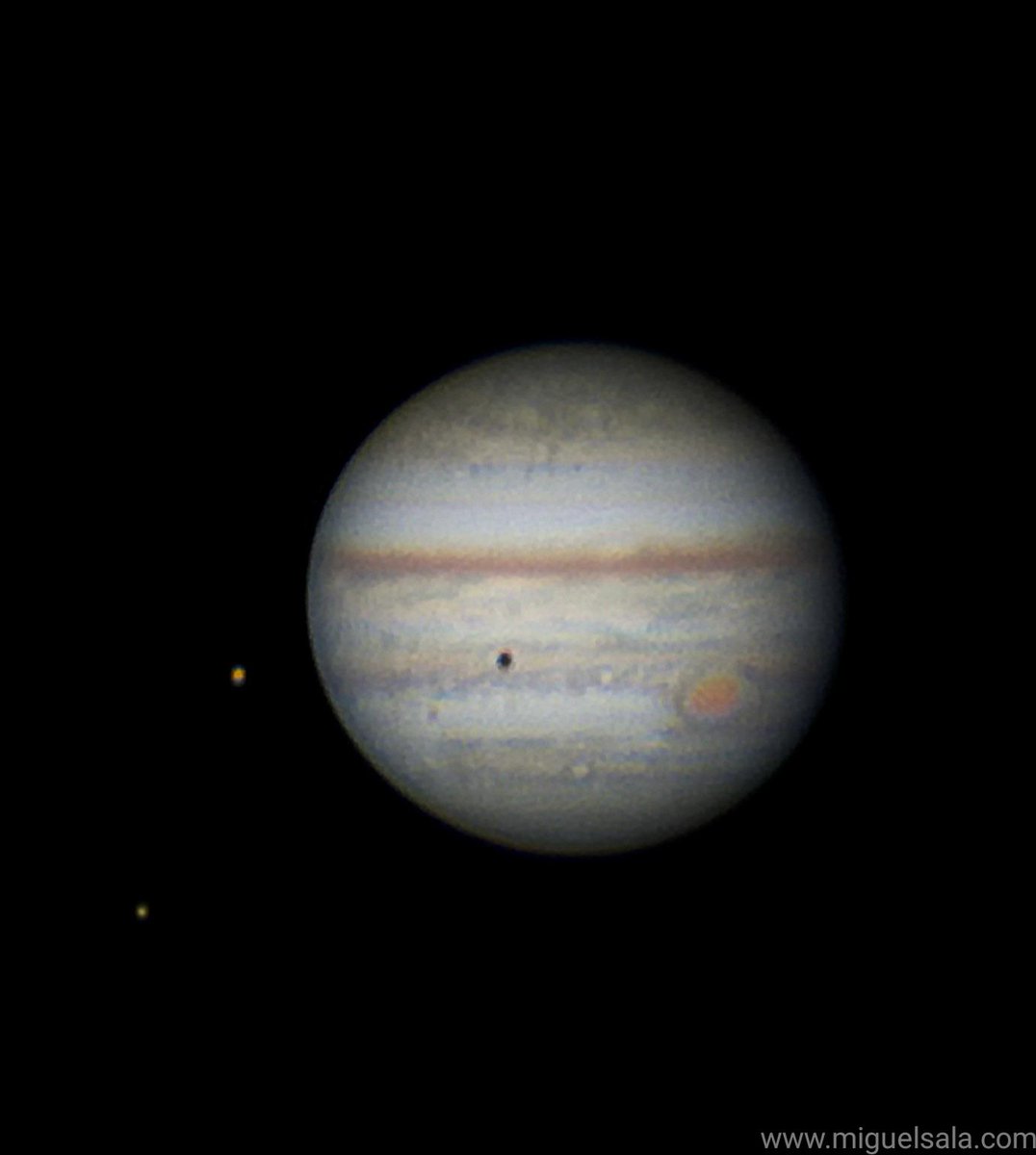 JMiguelSala's tweet photo. #Júpiter, con la gran mancha roja visible, y dos de sus #satélites: #Ío, que proyecta su sombra sobre la superficie del #planeta, y #Calisto. 17/7/2022 2:20UTC desde #Valencia (#España) Equipo: Telescopio #Mak180 + #EQ5 + Cámara #ZWO #ASI462color #planetas #cielosESA #Astrophoto https://t.co/YtpdAfVnkB