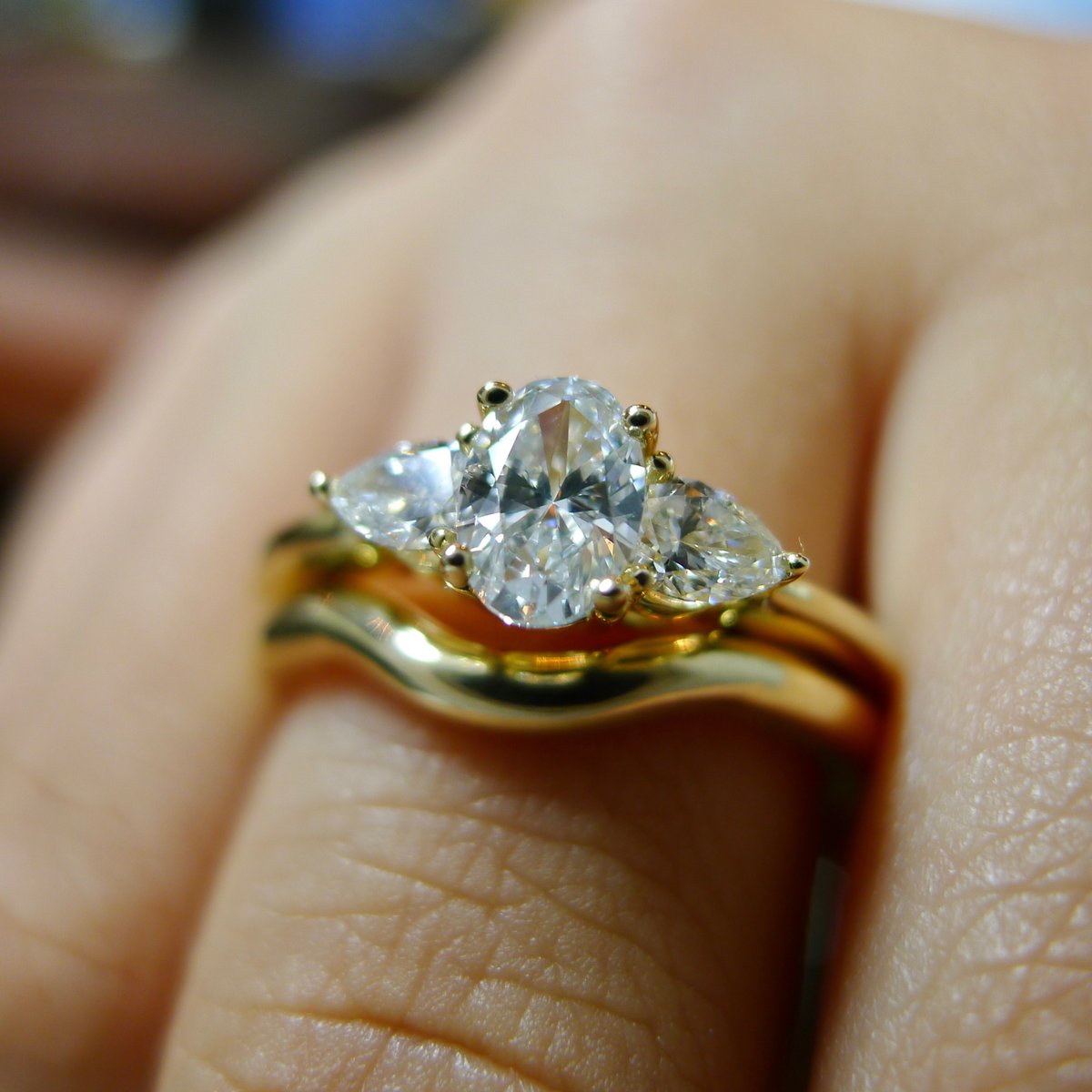 Hand crafted diamond three stone ring with matching wedding band, made by Me , Myself and I