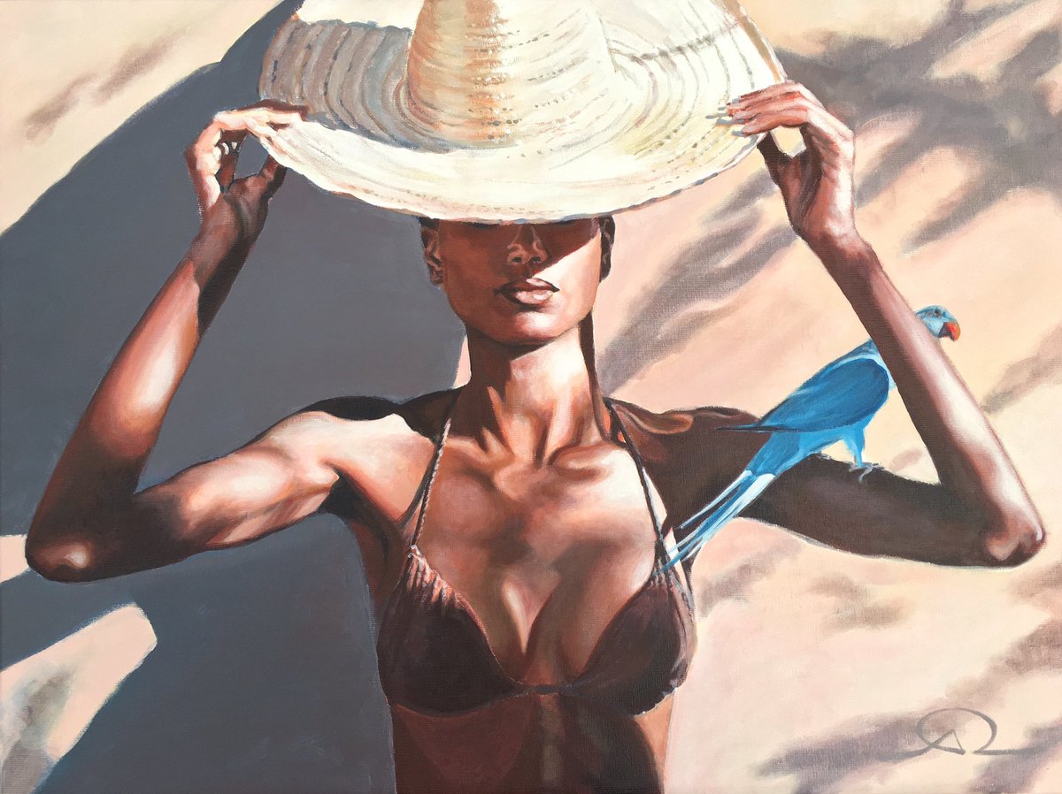 arenaultartist's tweet photo. What part of this painting do you like most? I’m not sure… may be the blue parakeet ;)…
.
From out of the blue”. Acrylic on canvas 80x60cm. 
.
#beautifulhat #mexicanhat #sombrerovueltiao #goatskull #suntanned #blueparrot #blueparakeet #parrotpainting https://t.co/dfAZKoibj9