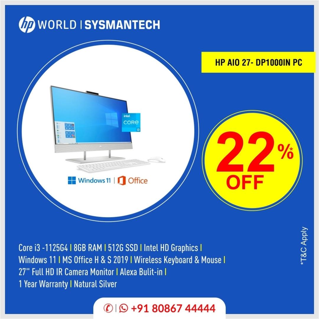 Sysmantech2's tweet photo. HP All-in-One 27-dp1000in PC 27"🖥 diagonal, FHD (1920 x 1080), IPS, three-sided micro-edge, anti-glare, 250 nits, 72% NTSC. many more at the best prices.📢 Grab amazing deals &amp; discounts
📞80867 44444
#HP #AllInOnePc #Sysmantech https://t.co/0N07Bs7M74