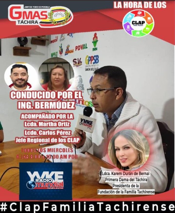 Hoy #20Julio Por <a href="/YvkeTachira/">Yvke Tachira</a> 94.5 FM programa Imperdible de "La Hora de los Clap", tendremos como invitada a nuestra Primera Dama del #Táchira la Lcda. <a href="/KaremDeBernal/">Karem Durán de Bernal</a>, contáctanos vía Mensajería de Texto a 0424 2072567  ¡Los Esperamos!
#ClapFamiliaTachirense
<a href="/FreddyBernal/">Freddy Bernal</a>