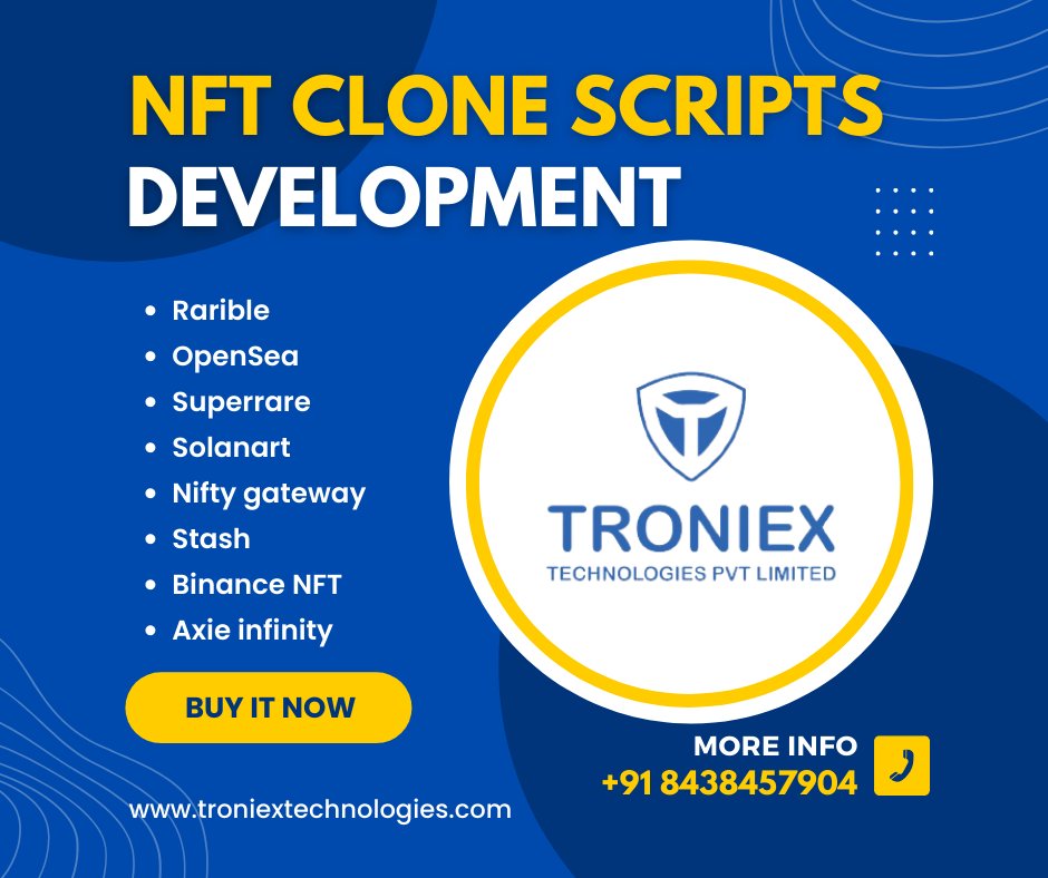 Troniextech's tweet image. Troniex Technologies is a fastest growing NFT Marketplace Clone Development Company in India. We Offer Mission-Driven NFT Marketplace Development Services. Get Quote! buff.ly/3zlITkh 
#nft #nftclonescript #nftgame #nftdevelopment